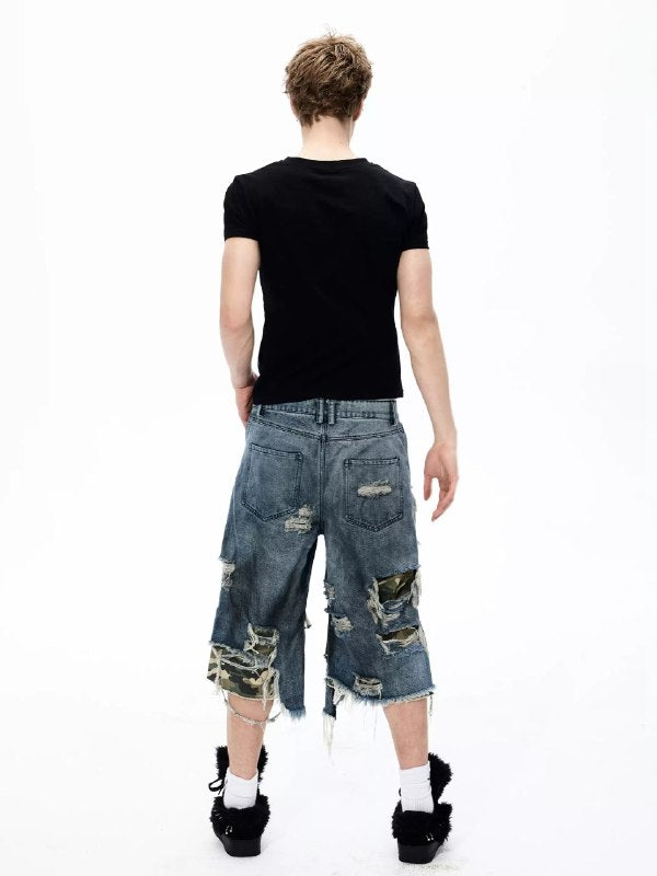 Distressed Patchwork Denim Shorts