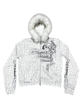 Leopard-print zip hoodie with faux fur hood trim and front graphic script