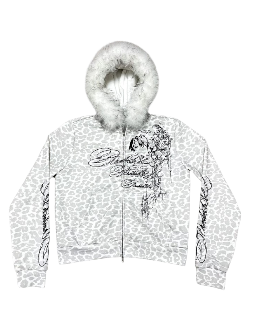 Leopard-print zip hoodie with faux fur hood trim and front graphic script