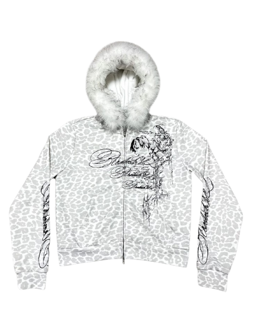 Leopard-print zip hoodie with faux fur hood trim and front graphic script