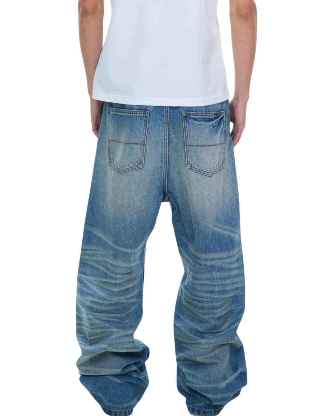 Blue baggy jeans worn by a person on a white background