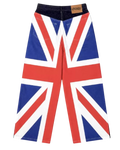 Baggy denim pants with Union Jack patchwork print, wide legs, red/white/blue