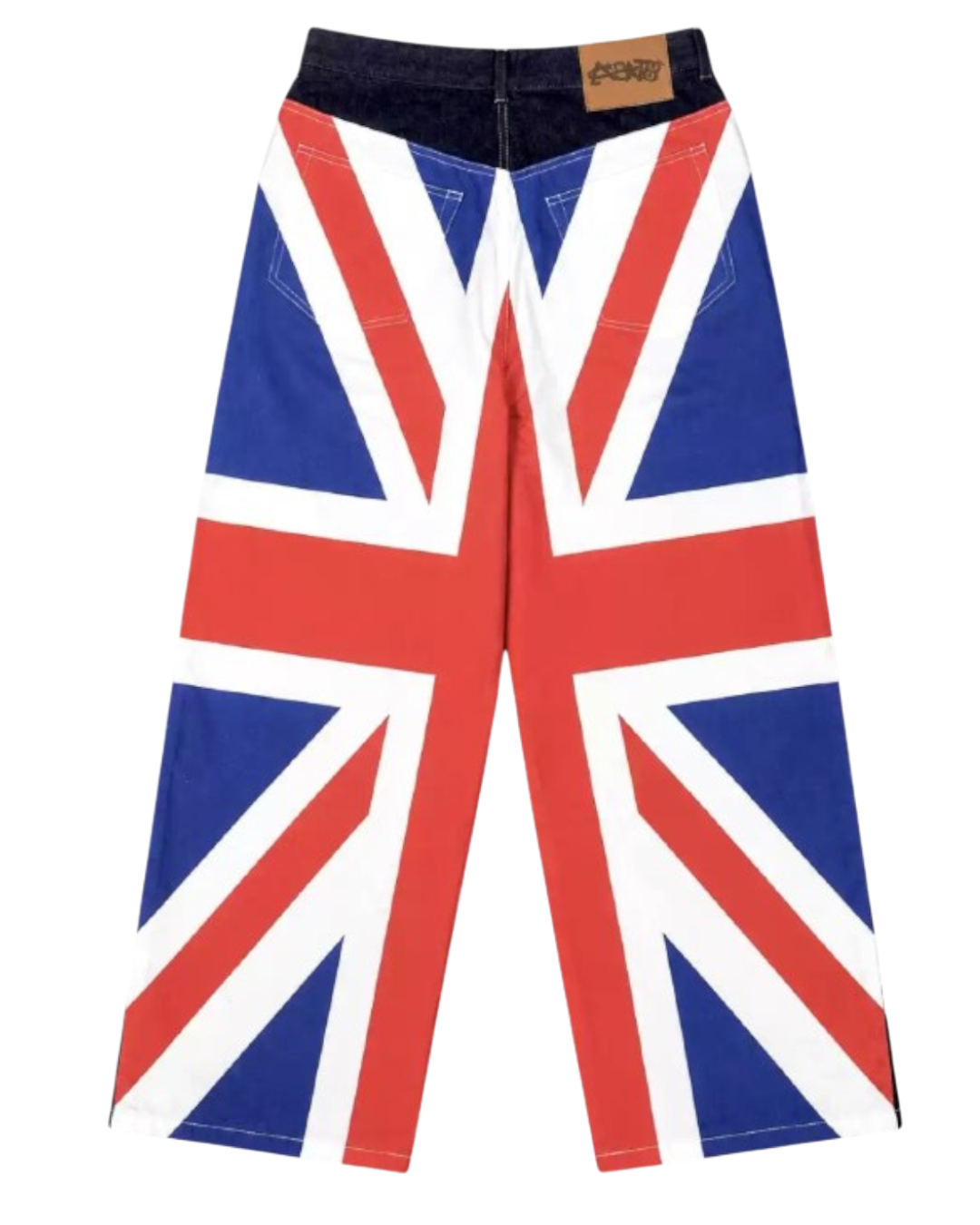 Baggy denim pants with Union Jack patchwork print, wide legs, red/white/blue