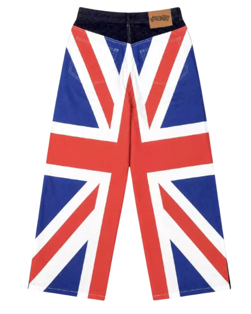 Baggy denim pants with Union Jack patchwork print, wide legs, red/white/blue