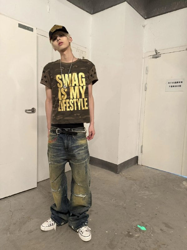 AEONGRAIN Distressed Straight Jeans
