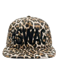 Leopard print bucket cap with black SWAG lettering and stitched brim