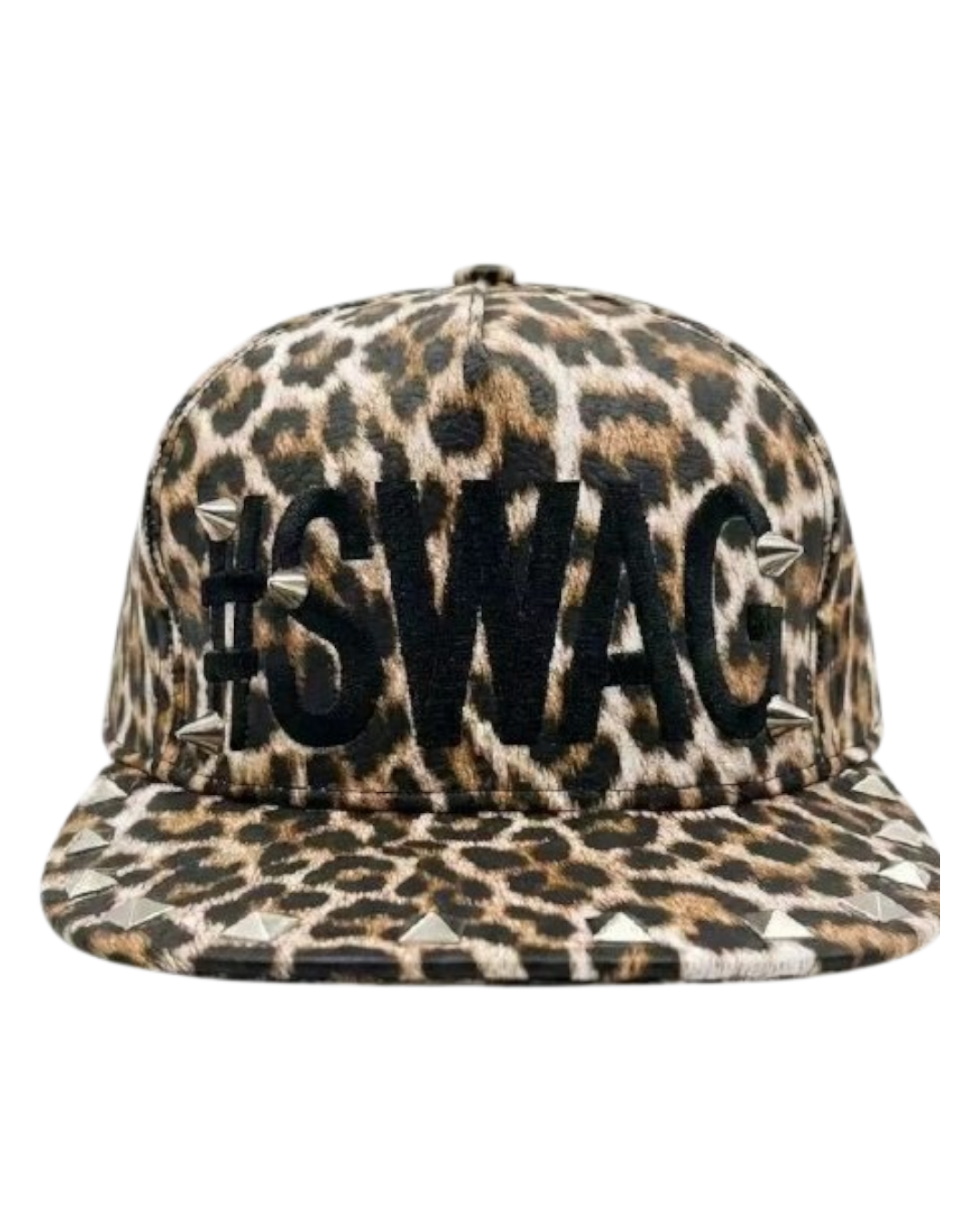 Leopard print bucket cap with black SWAG lettering and stitched brim
