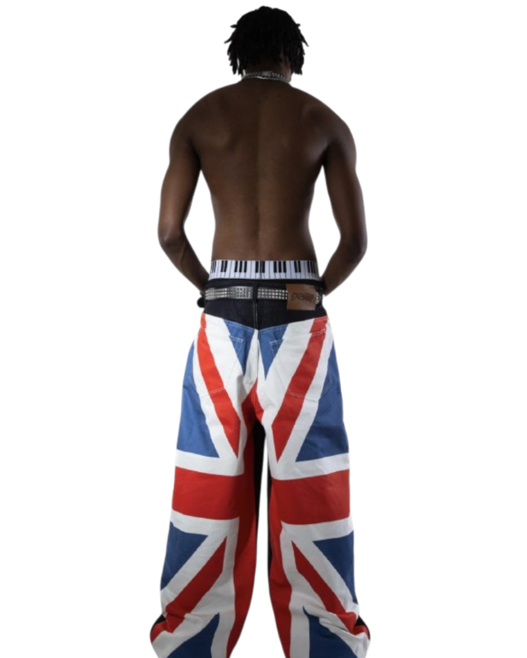 Baggy denim pants, back view, Union Jack patchwork print, wide relaxed fit