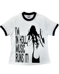 White graphic T-shirt with black ribbed collar and silhouette text print on front