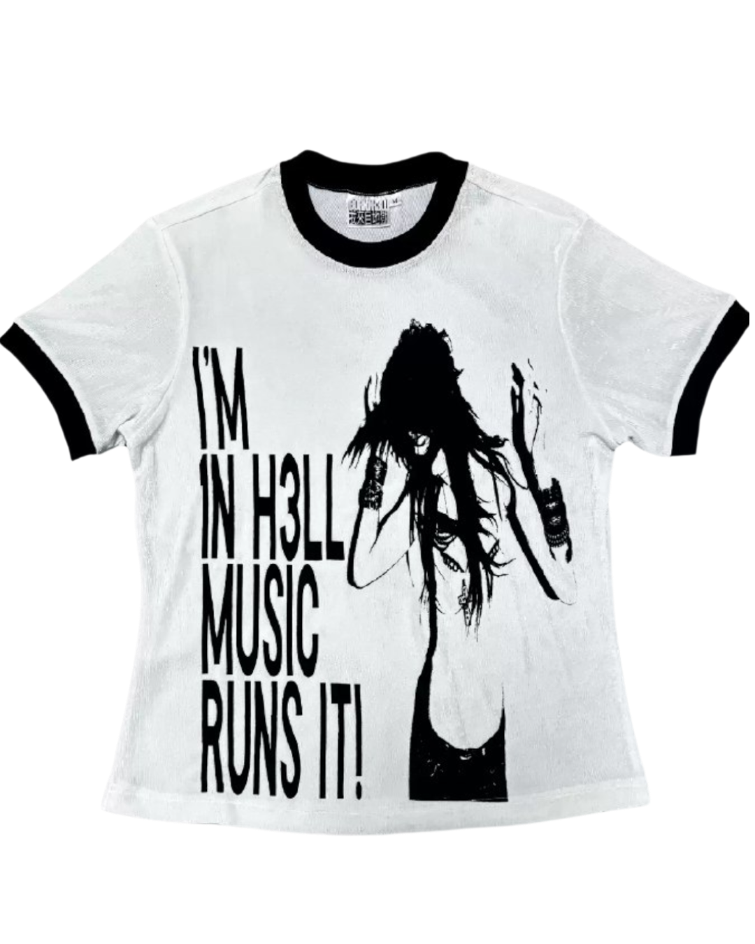 White graphic T-shirt with black ribbed collar and silhouette text print on front