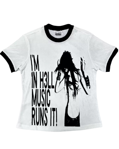 White graphic T-shirt with black ribbed collar and silhouette text print on front