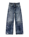 Distressed baggy jeans, light blue denim with worn patches, whiskering, and ripped details