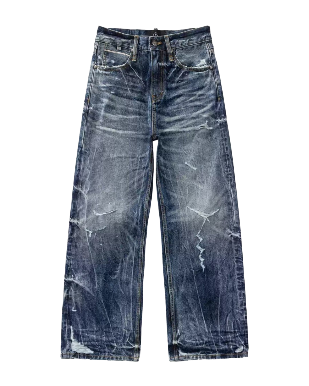 Distressed baggy jeans, light blue denim with worn patches, whiskering, and ripped details
