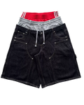 FAUNCREW dark denim shorts with drawstring waist and gray striped trim