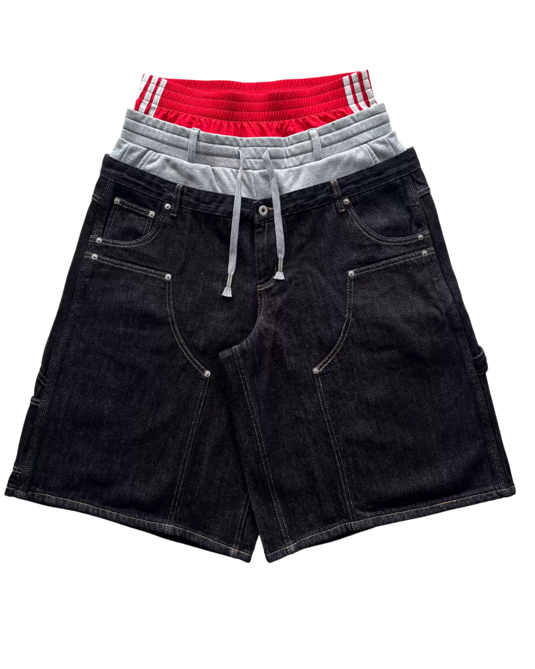 FAUNCREW dark denim shorts with drawstring waist and gray striped trim