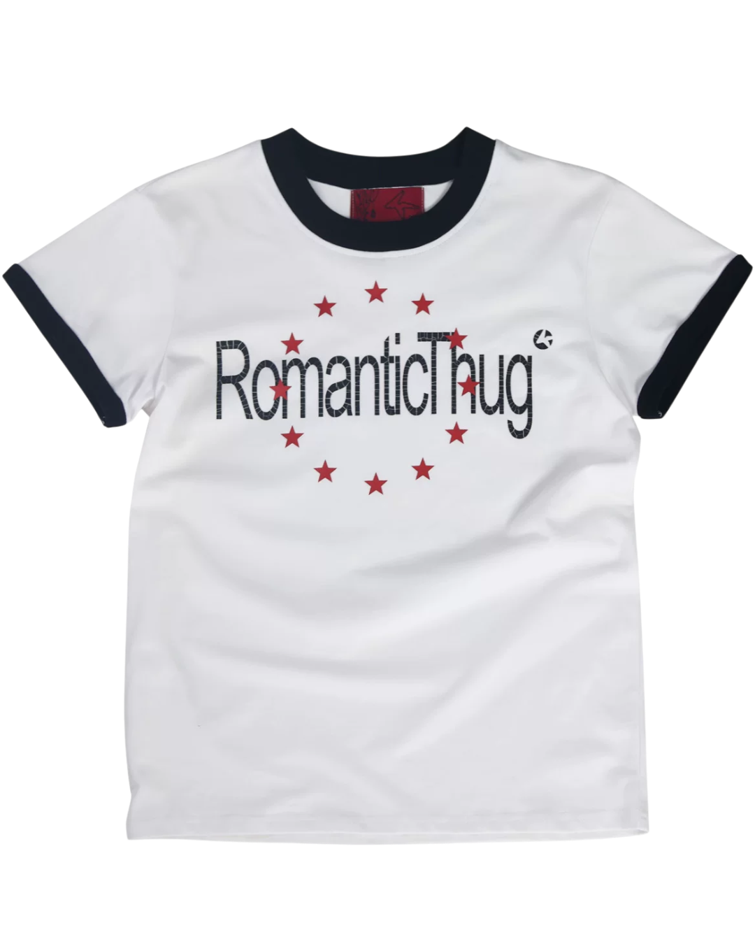 White crewneck T-shirt with star-burst logo and text