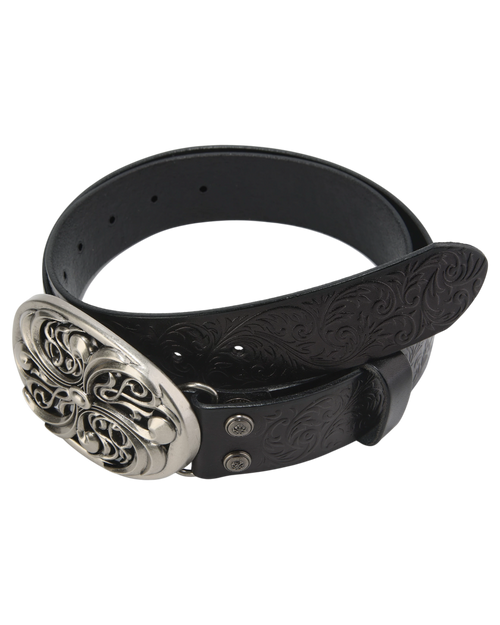 2-strap belt set, black embossed belt with silver decorative buckle