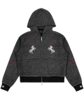 Dark striped zip-up hoodie with hood, unicorn graphics, red accents, black cuffs and drawstring hem.