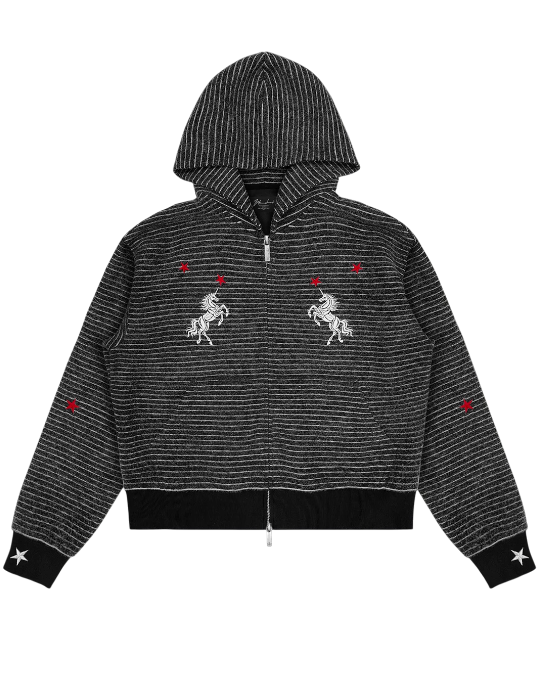 Dark striped zip-up hoodie with hood, unicorn graphics, red accents, black cuffs and drawstring hem.