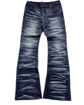 Pair of dark blue flared jeans on a white background