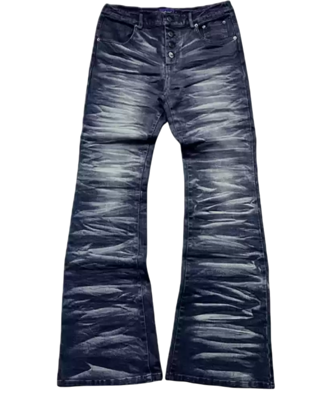 Pair of dark blue flared jeans on a white background