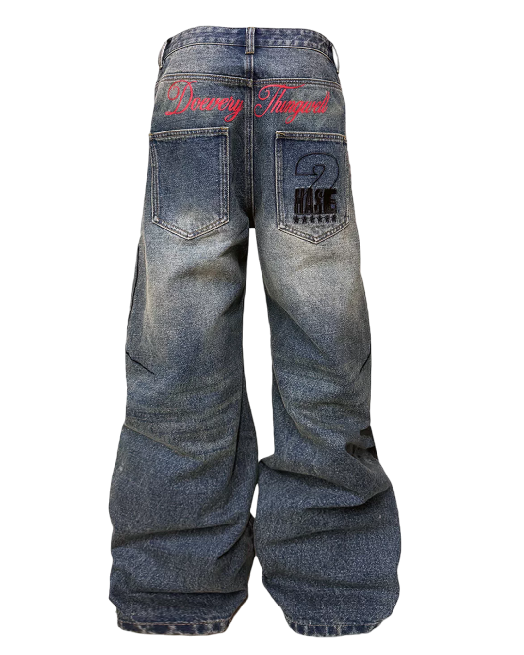 Light wash denim baggy pants with rear patch graphic and wide leg opening