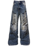 Medium wash denim baggy pants with large black script print on both legs