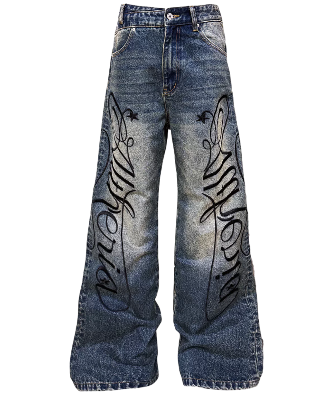 Medium wash denim baggy pants with large black script print on both legs