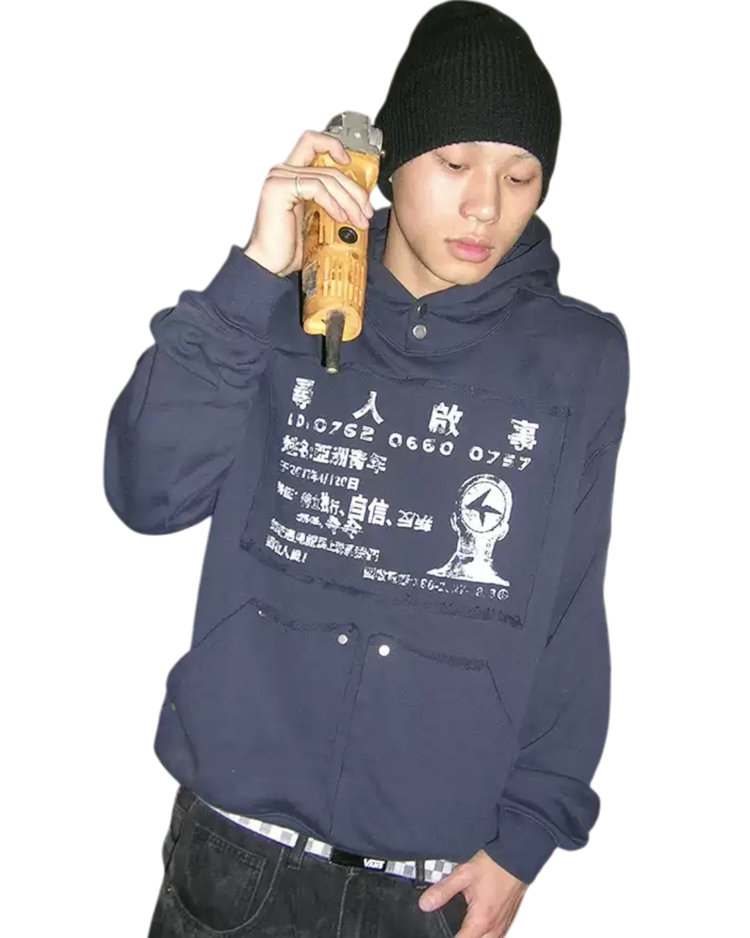 Incident hoodie, dark navy front with graphic print and buttoned placket
