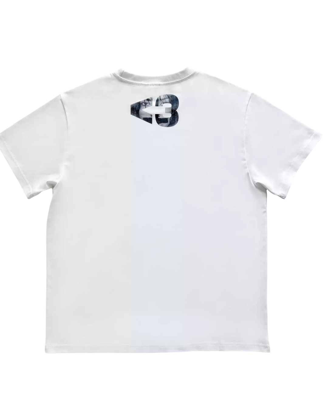 White T-shirt with small dark graphic patch on upper back