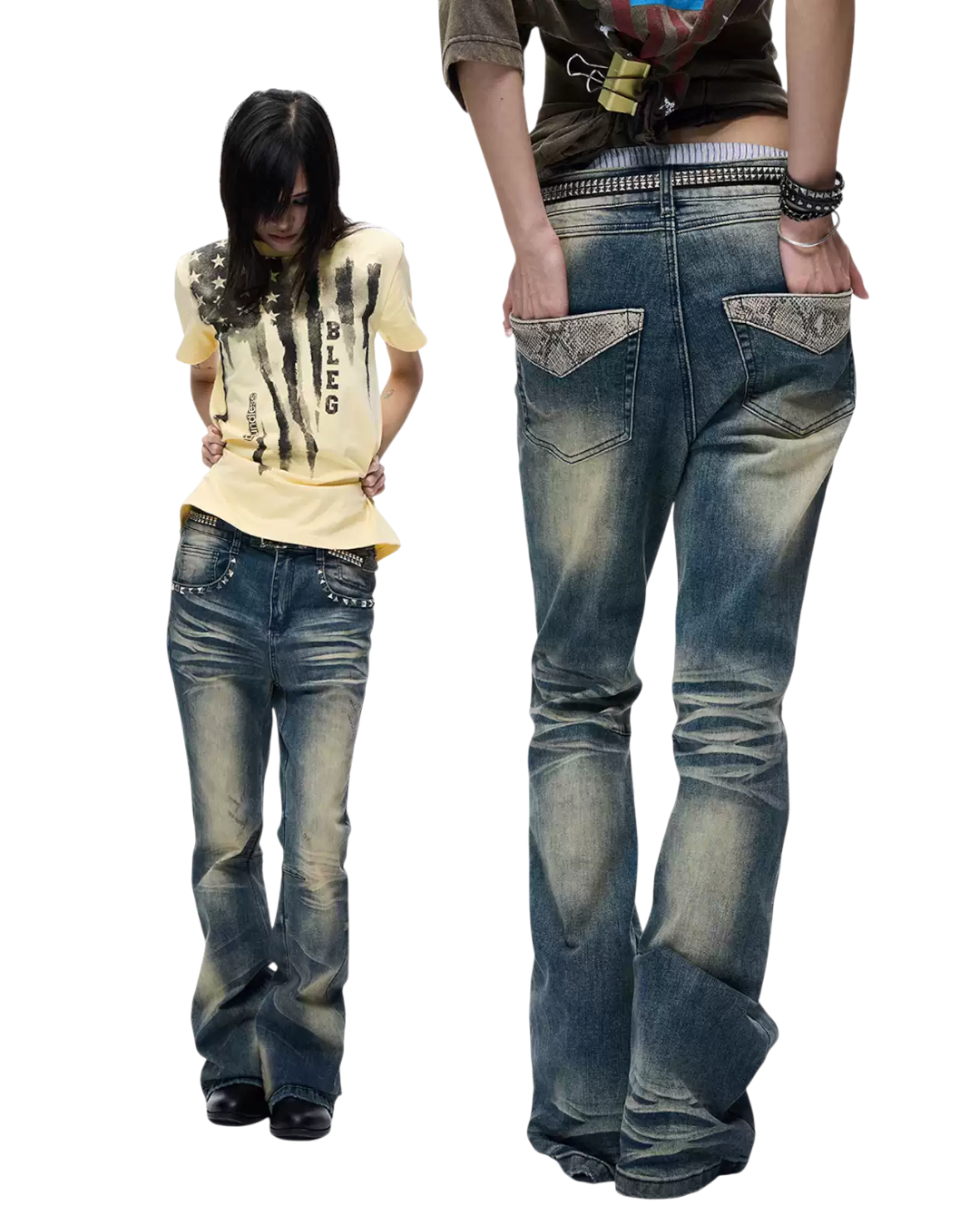 Light blue skinny jeans with dark whiskering and stitched back pocket panels