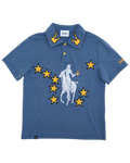 Blue polo shirt with yellow stars and a white horse logo on a white background
