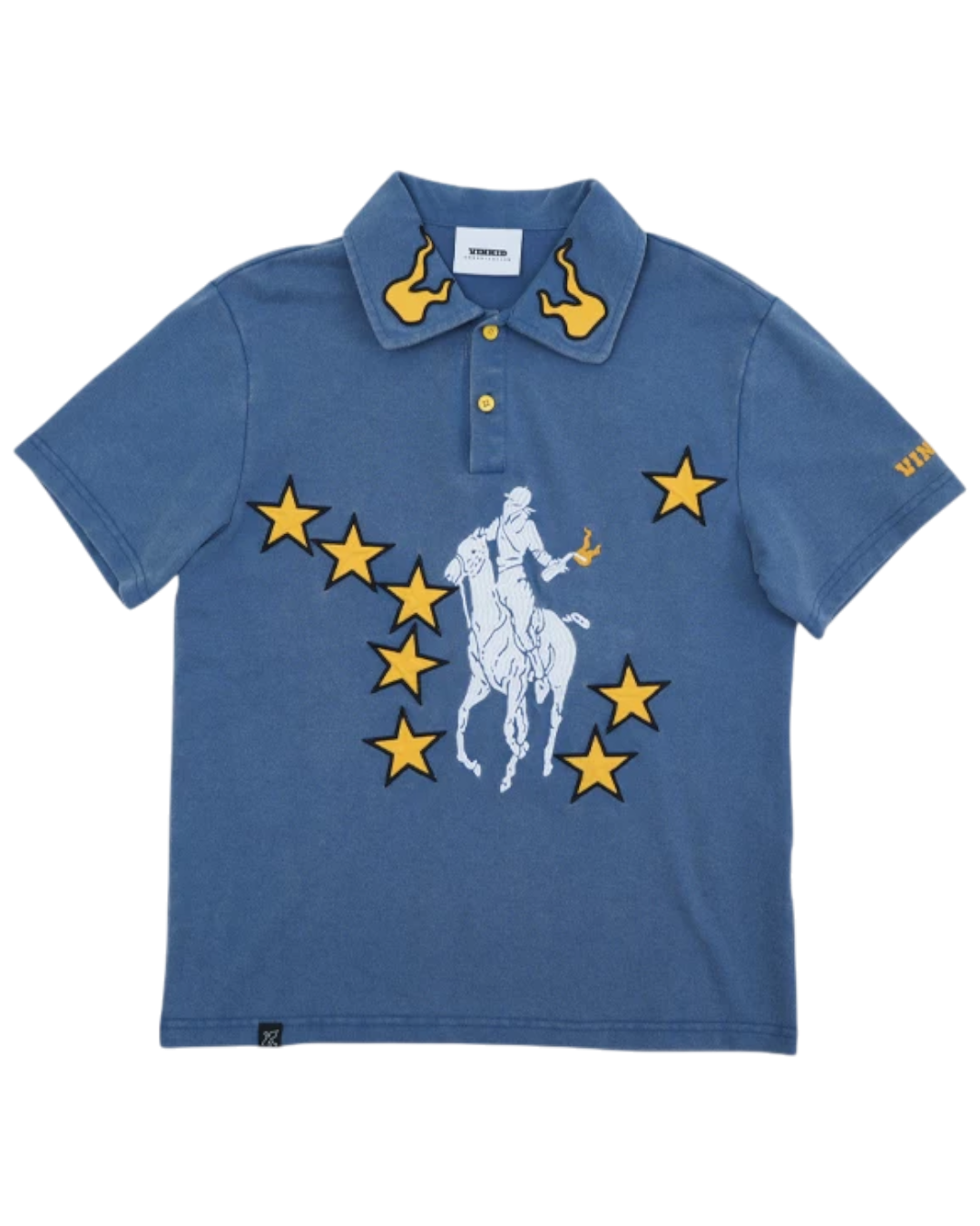 Blue polo shirt with yellow stars and a white horse logo on a white background