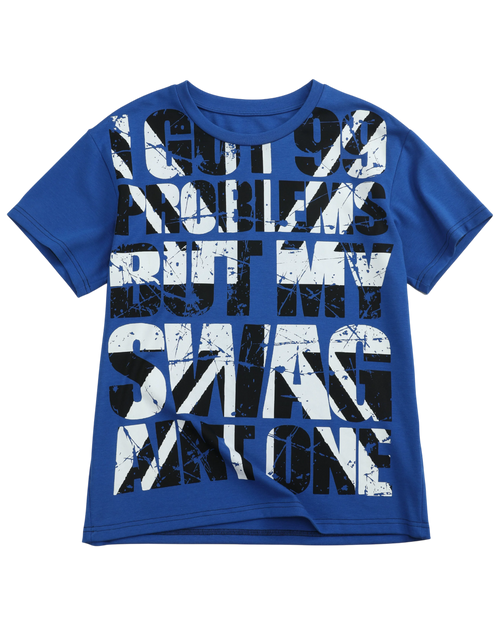 Blue T-shirt with large white distressed text graphic across front.