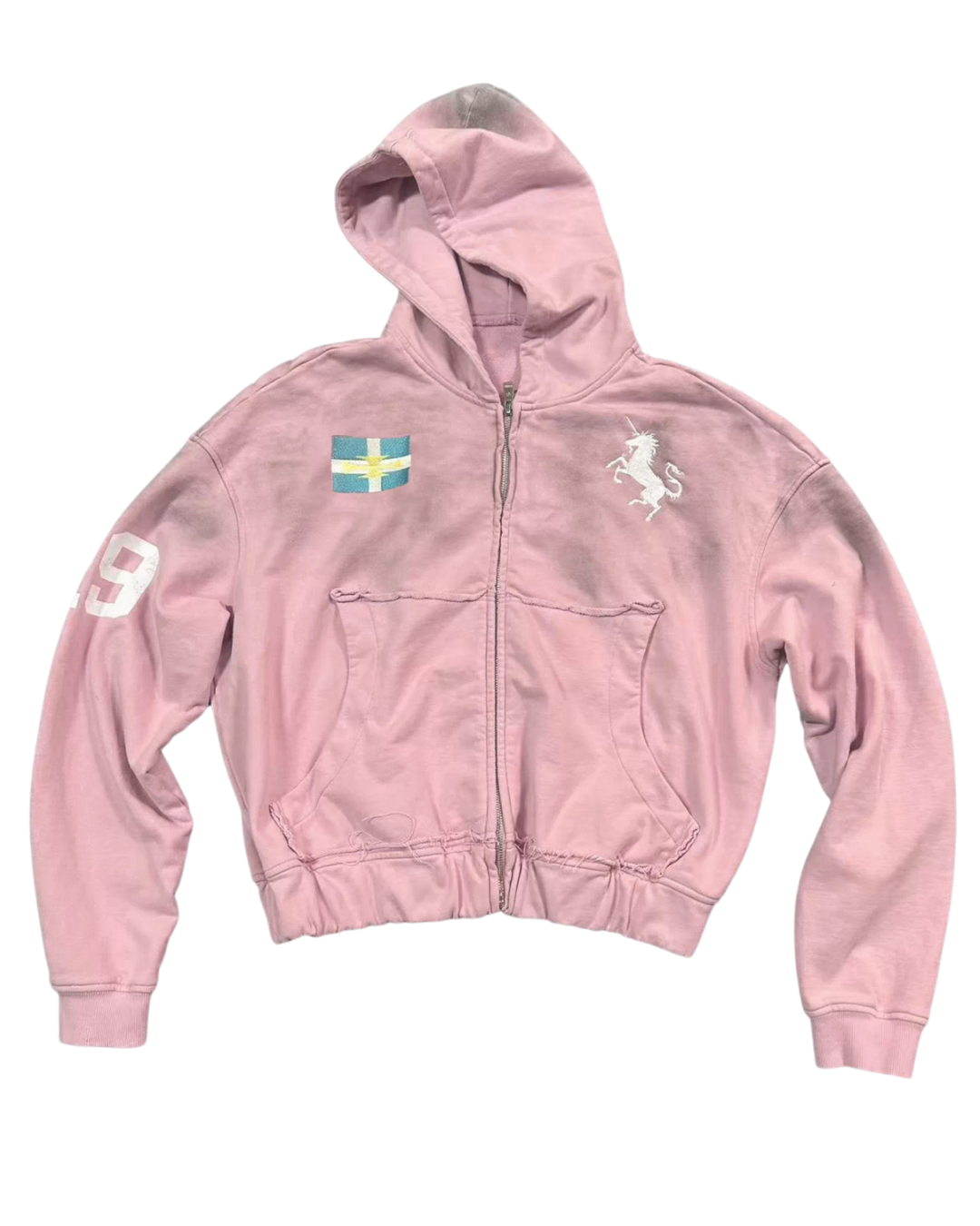 Washed zip-up hoodie in dusty pink, hooded sweatshirt with front zipper and chest logo