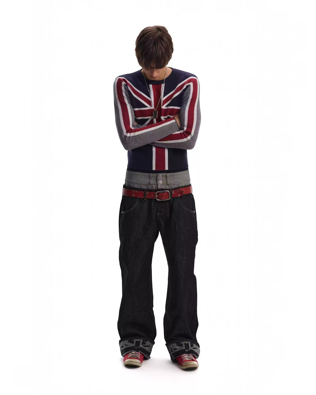 Navy hooded knit top with Union Jack design on back and striped sleeves