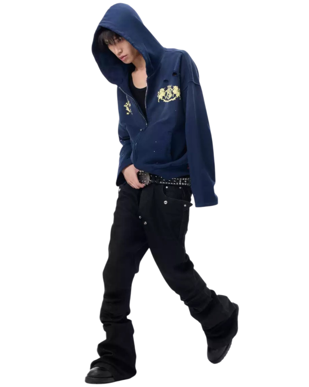 Navy hooded zip-up hoodie with gold crest logo on the chest