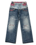 Light-wash wide-leg denim jeans with red plaid waistband and distressed back patches