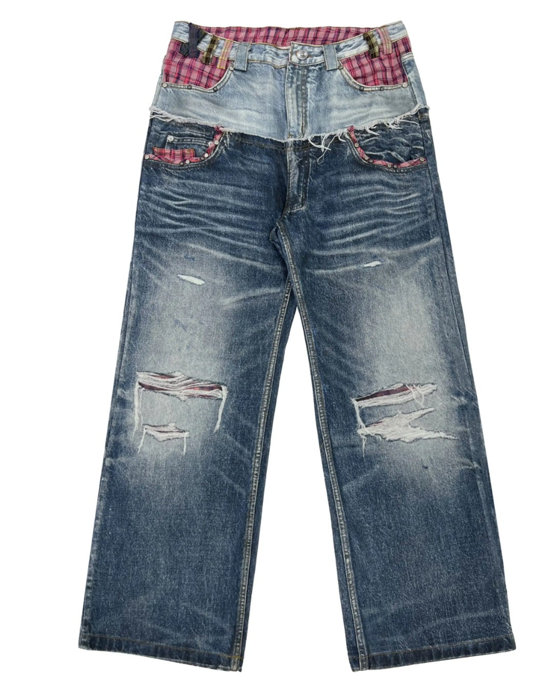 Light-wash wide-leg denim jeans with red plaid waistband and distressed back patches