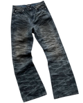 Dark wash straight-leg jeans with gray allover pattern, button fly, belt loops