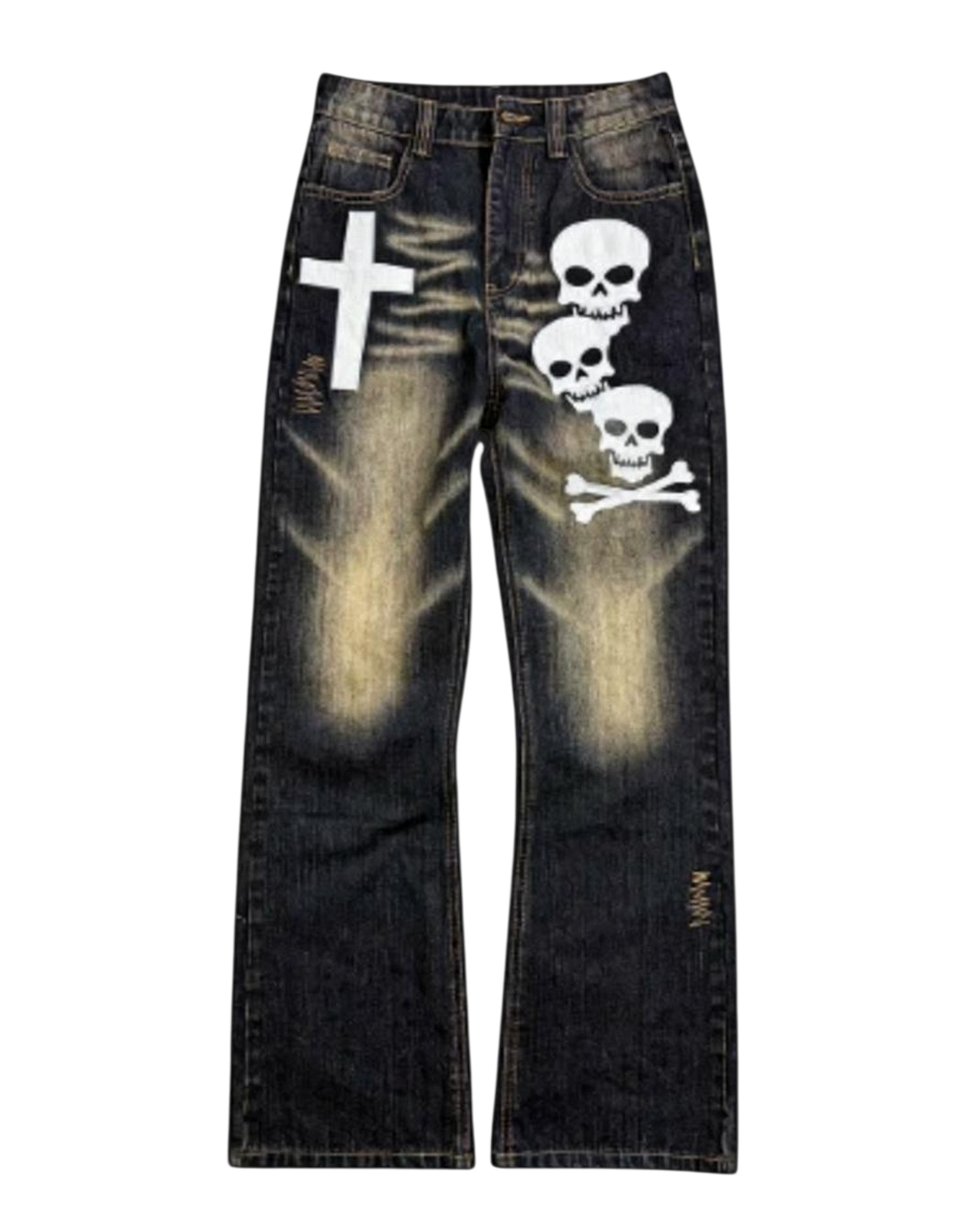 Dark wash wide-leg denim jeans with large skull-and-cross print