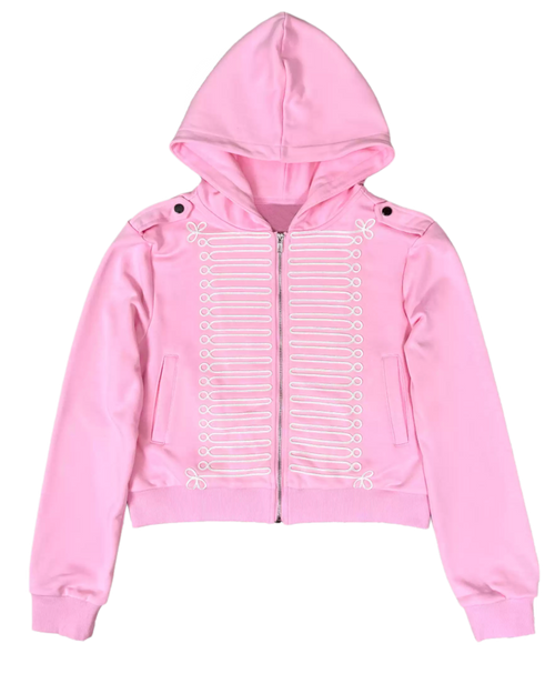 Pink zip hoodie with hood and front zipper, white decorative panel graphic