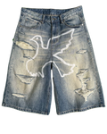 Distressed denim shorts with a white bird design on a white background