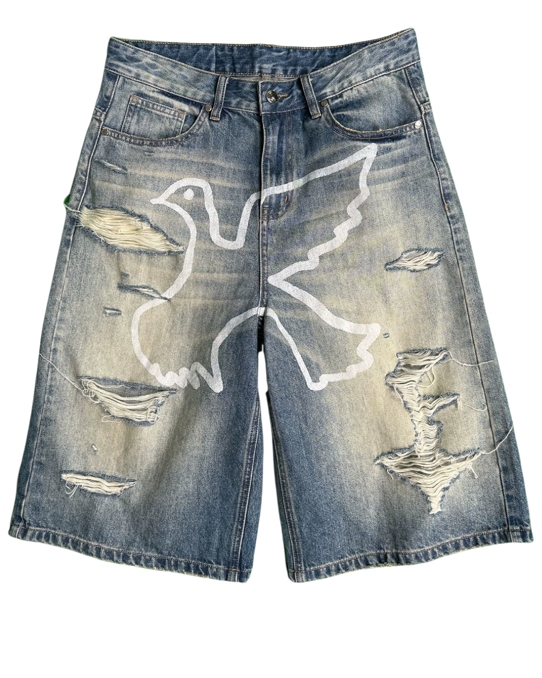 Distressed denim shorts with a white bird design on a white background