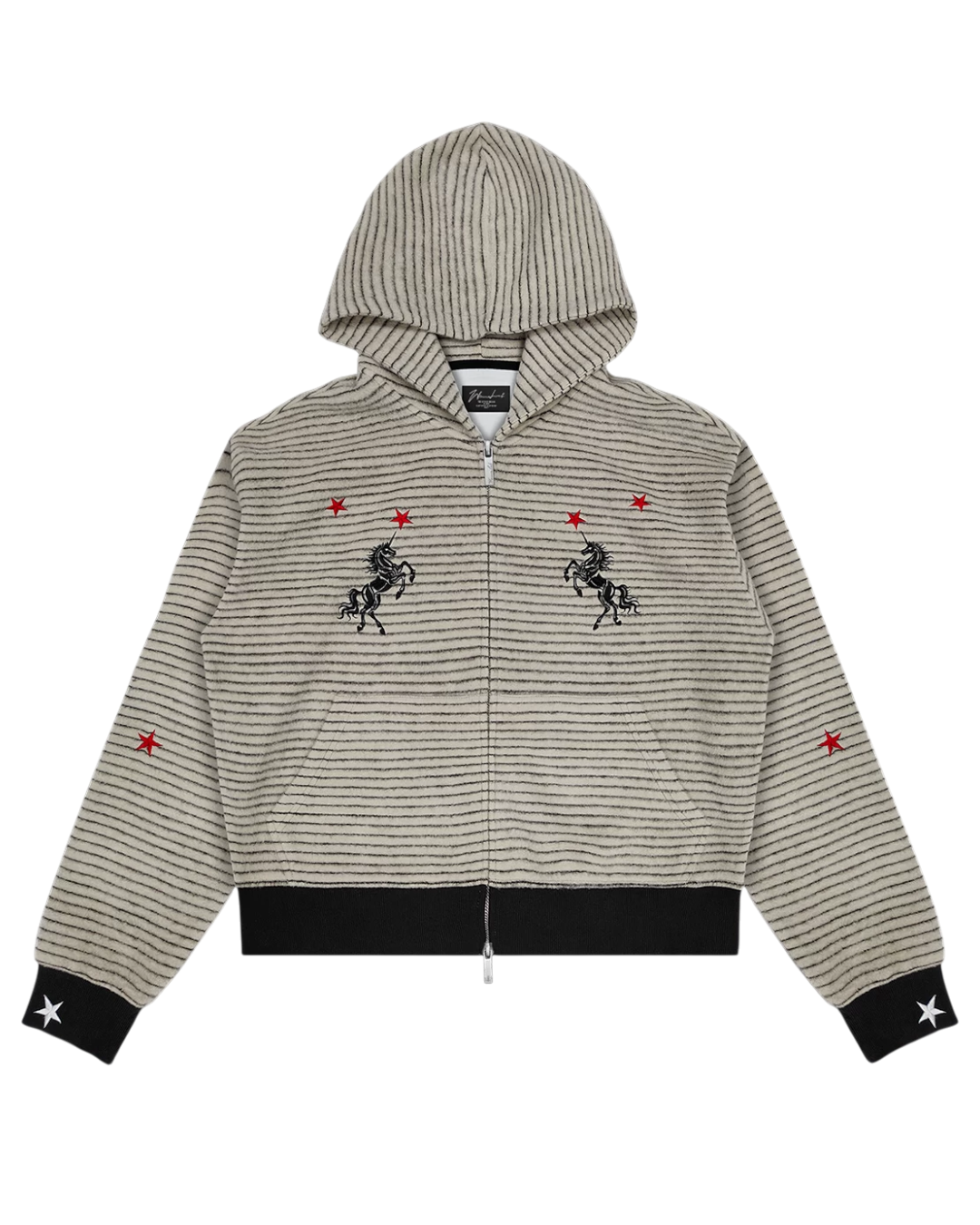 Striped zip-up hoodie with hood, unicorn graphics, red accents, black cuffs and drawstring hem.