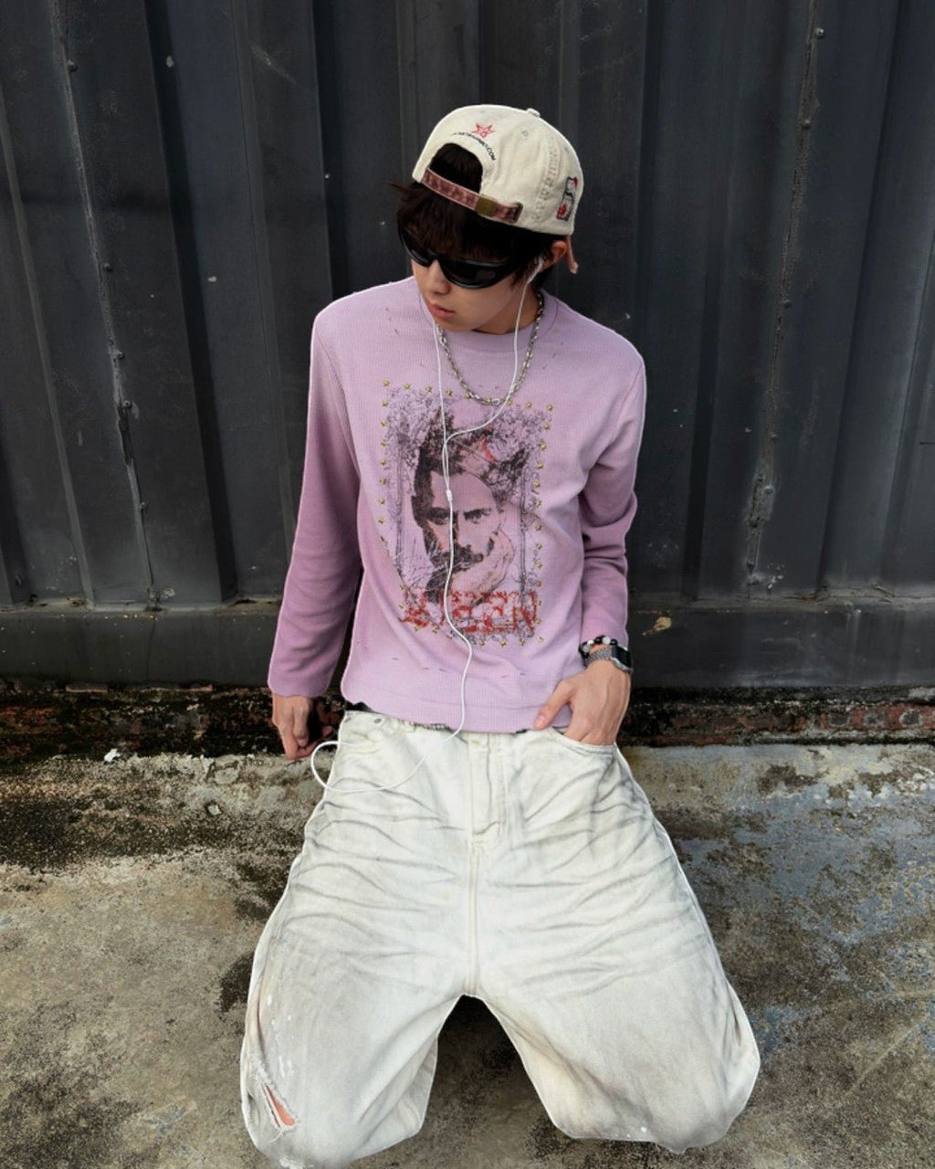 Wenfeng Li 26FW Rock Band Rhinestone Waffle Long-Sleeve Tee - SWAGLAB