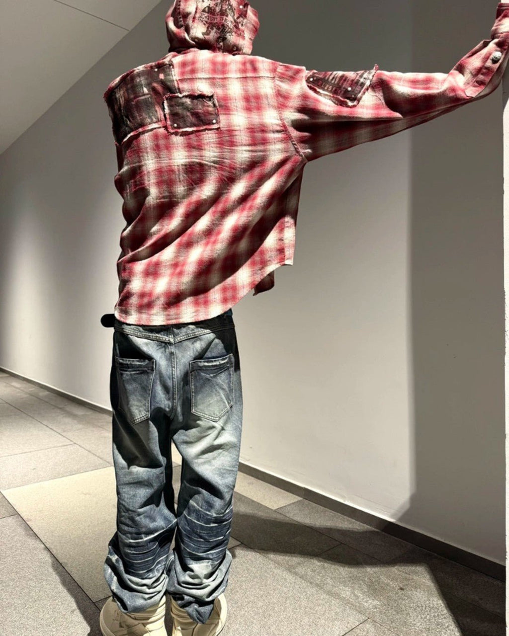 HAS2SONS | 26FW Distressed Plaid Patch Hooded Shirt - SWAGLAB