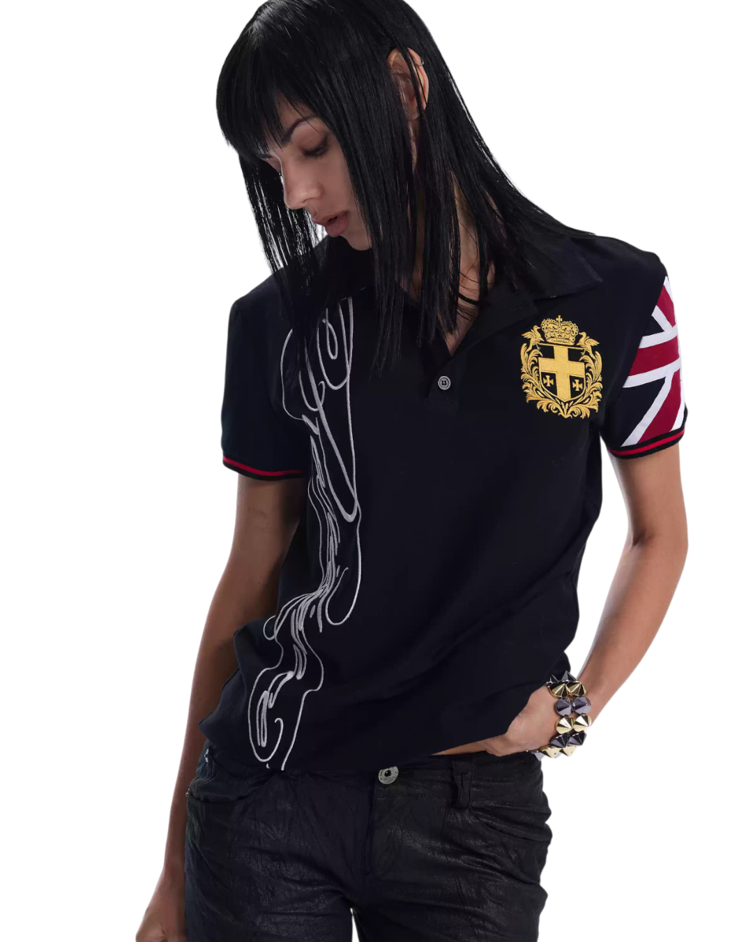 NoE black embroidered polo tee