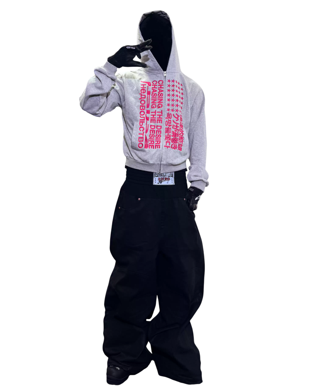 Gray pullover hoodie with red/white chest text graphic, hood up and long sleeves