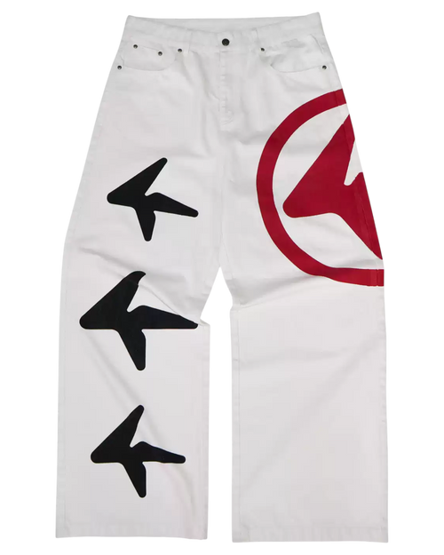 Sttar pants in white with black arrow icons and a red circular swirl print